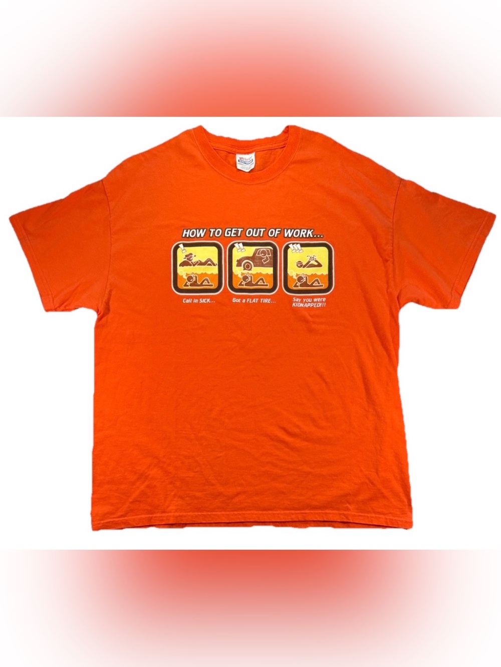 Vintage How to Get Out of Work Funny T Shirt Men's XL Orange Y2K Humor Skate
